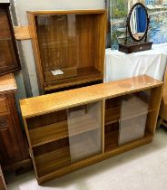 A teak Morris of Glasgow bookcase, ht. 143 x 69cm; a mid century teak book case, length 136cm, ht.