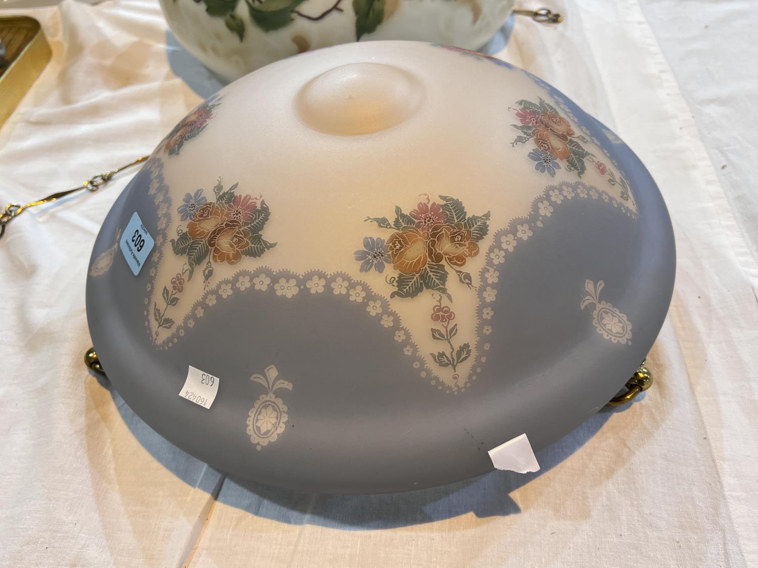 An early 20th century light bowl with etched floral decoration with blue border and another - Image 2 of 3