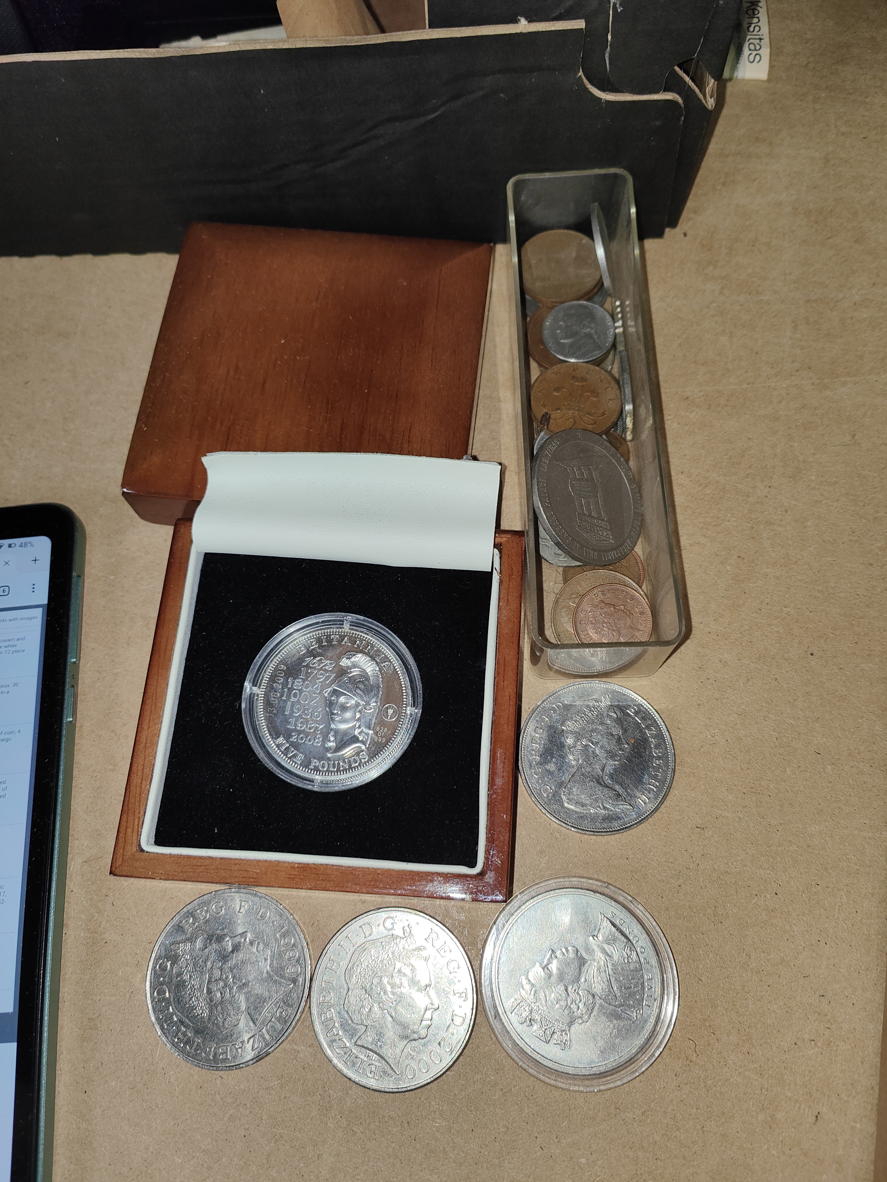 A Tristan Da Cunha £5 silver proof coin; 4 x £5 coins; a selection of GB & foreign coins.