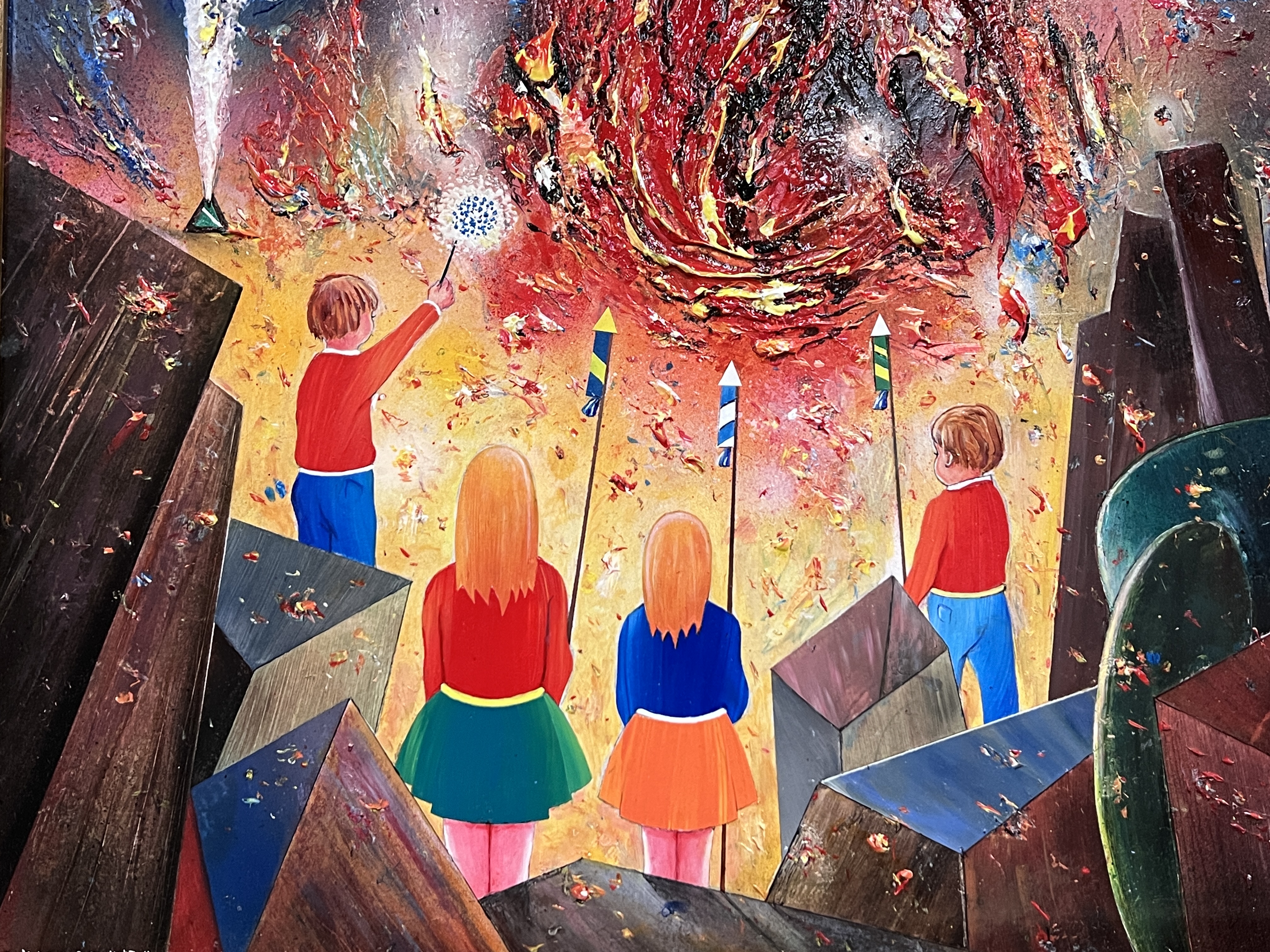 David Wilde:- Northern Artist, acrylic on board, 'The Rocket Girls & The Rocket Boys', framed, - Image 2 of 3