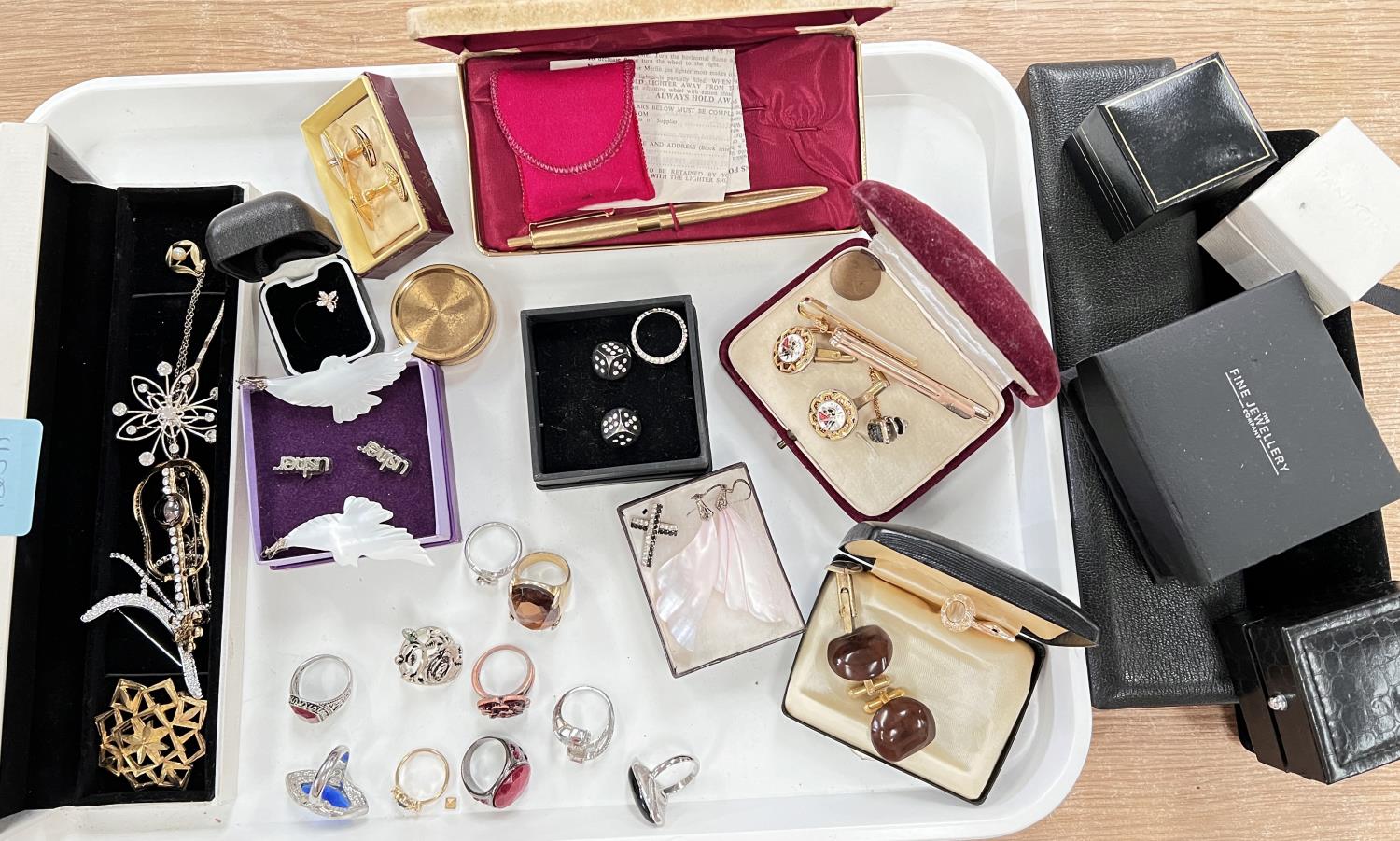 A selection of costume rings; a gilt lighter &  pen in box etc.; a selection of modern diamante