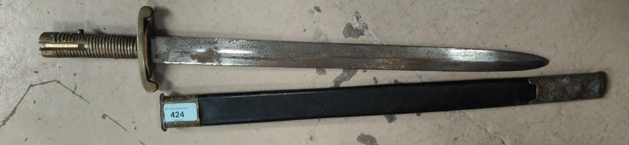 A Brunswick style bayonet with brass handle and guard, with leather scabbard, length 59cm.
