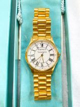 A Tiffany & Co. 'Portfolio' gold plated gents quartz watch,c. 1990's, on a gilt flexible strap, with