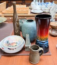 A tall waisted Poole vase with mottled blue and red decorations bronzed Chinese ribbed vase, three