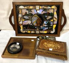 A 1930's American butterfly wing tray in inlaid frame; a modern inlaid musical jewellery box; 2