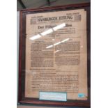 DER FUHRER GEFALLEN, proclamation Hamburger Zeitung, 2nd May 1945, 56 x 40cm, framed