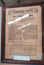 DER FUHRER GEFALLEN, proclamation Hamburger Zeitung, 2nd May 1945, 56 x 40cm, framed