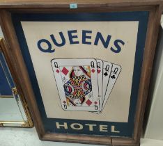 A large metal wooden painted double sided framed pub/hotel sign 'Queens Hotel' 121 x 91 cm (split to