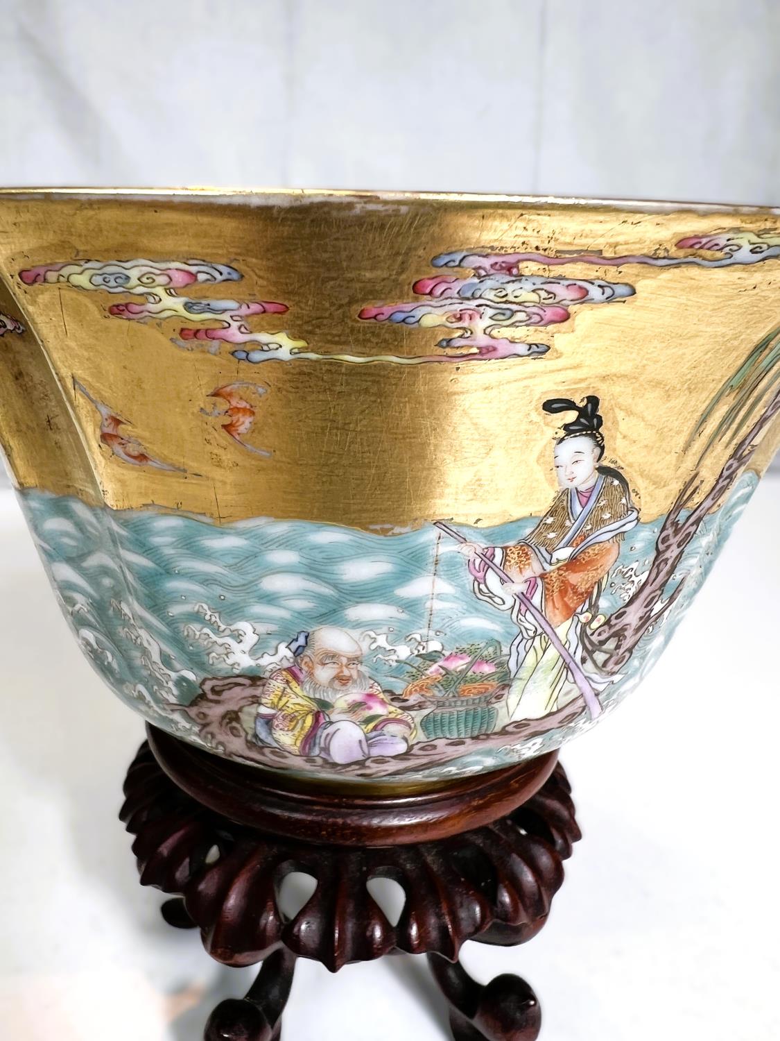 A Chinese shaped square bowl with polychrome enamel decoration of deities on islands and choppy - Image 2 of 11