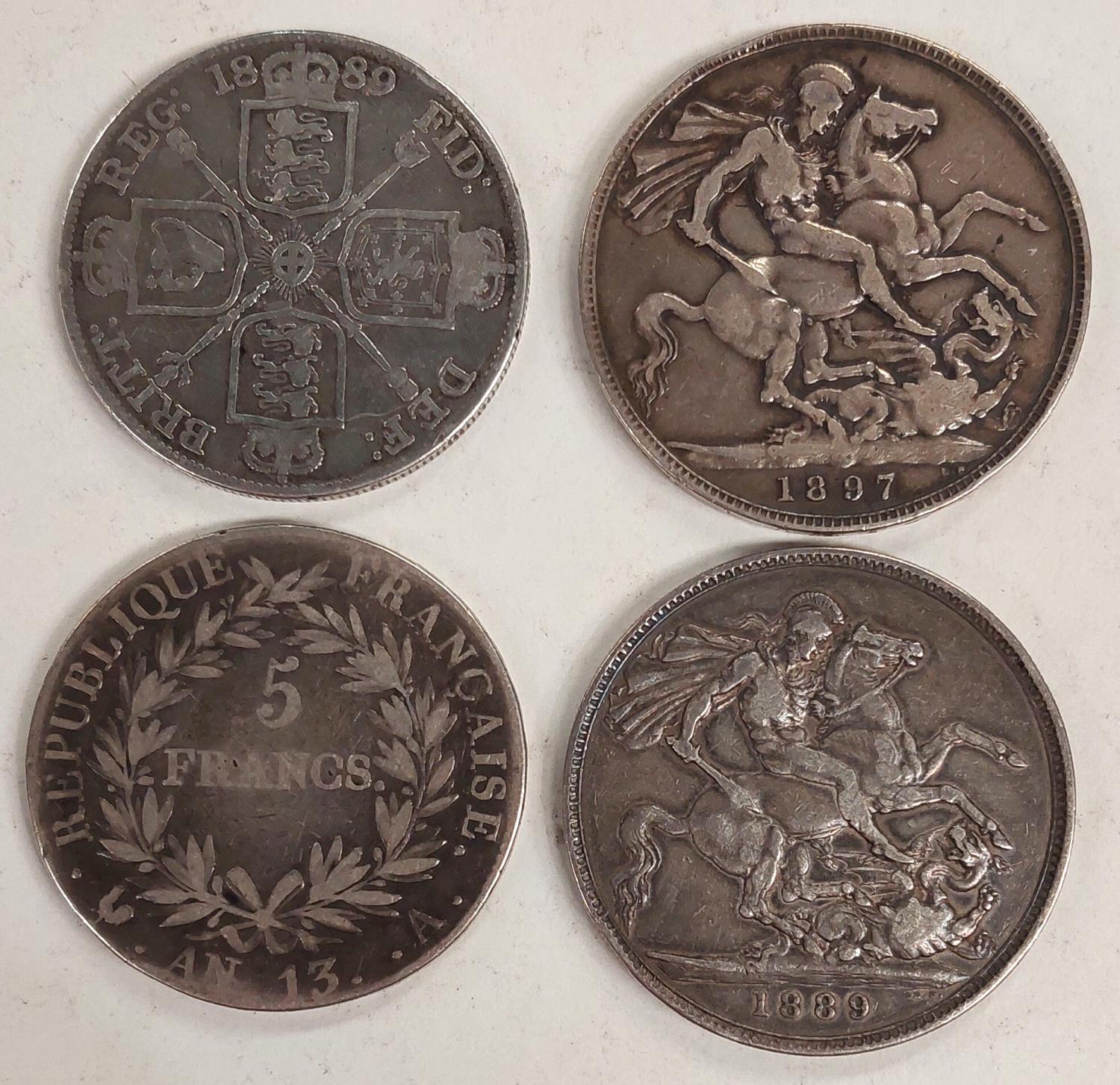 Victorian crowns: 1889 and 1897; double florin, 1889; a Napoleon 5 francs 1804 A (An 13) - Image 2 of 2