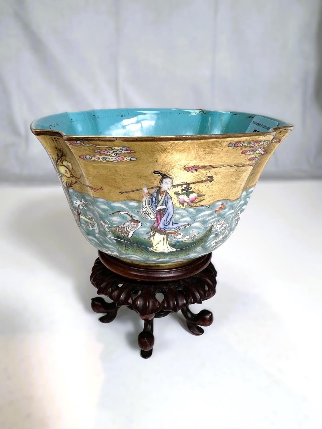A Chinese shaped square bowl with polychrome enamel decoration of deities on islands and choppy - Image 3 of 11