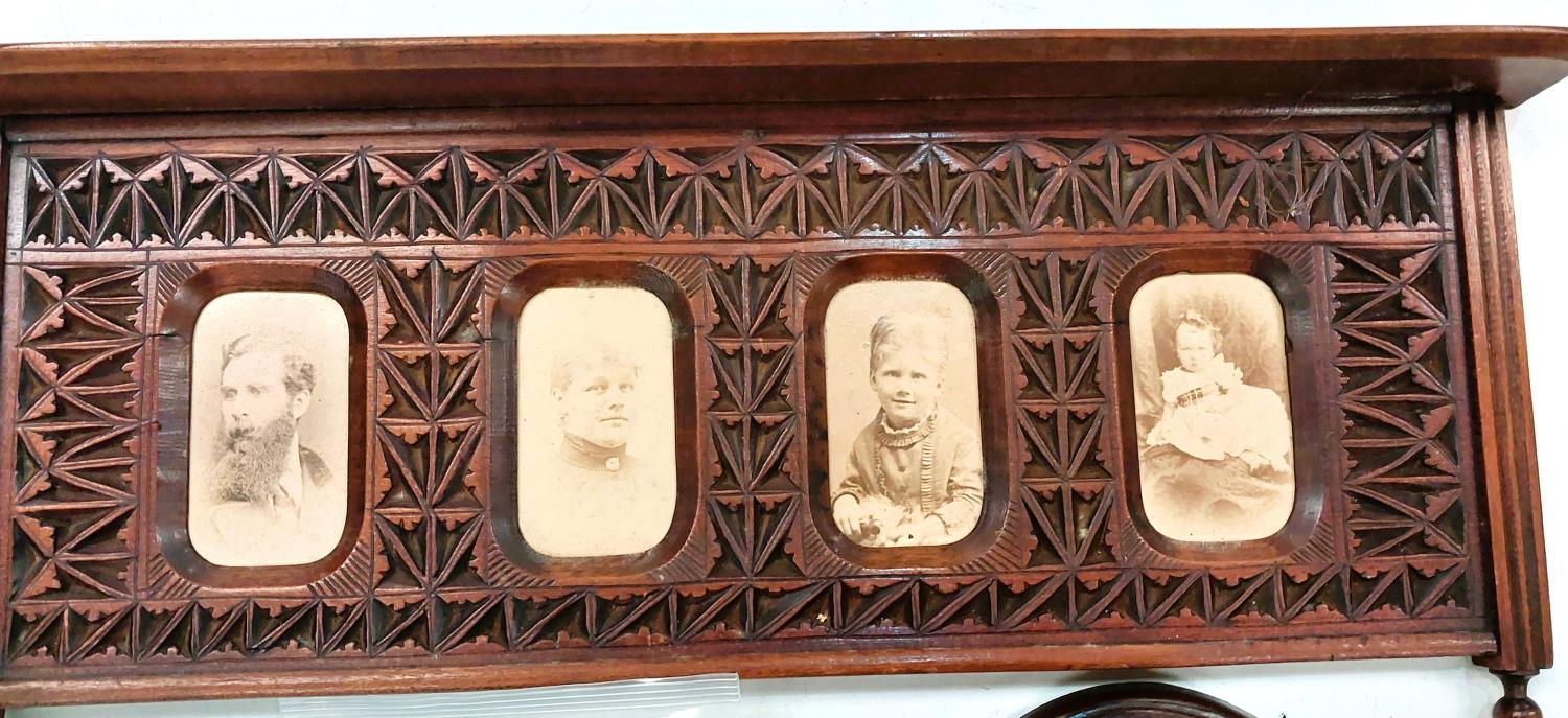 A late Victorian chip covered frame containing 4 photos and a collection of 9 watch keys framed - Image 3 of 3