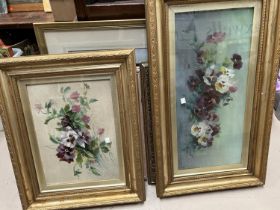 E Spencer:  still life of pansies, 2 oils on canvas, signed, 24 x 55cm & 27 x 37cm, framed and