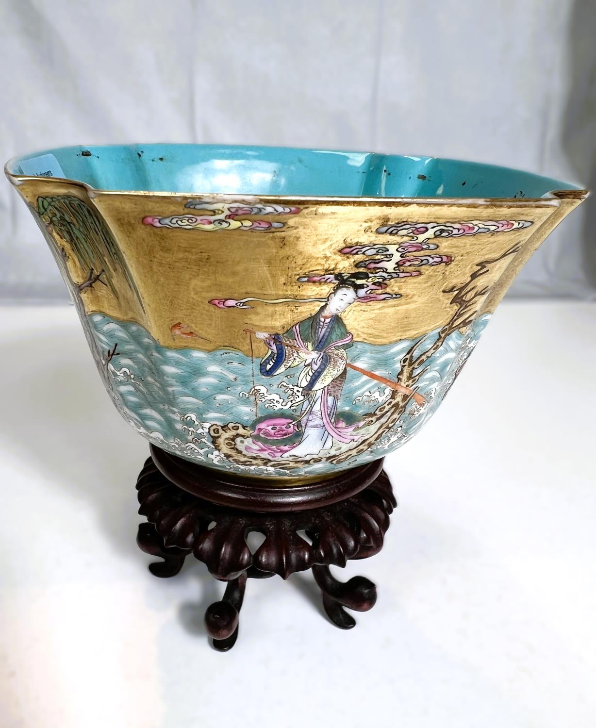 A Chinese shaped square bowl with polychrome enamel decoration of deities on islands and choppy - Image 5 of 11