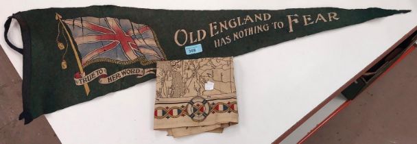 A green felt pennant "England has Nothing to Fear", 85cm, a WWI cloth map of Europe stamped "With