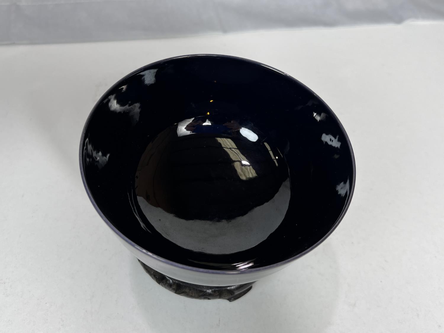 A Chinese dark blue monochrome bowl with 6 character mark to base, associated wooden stand, diameter - Image 2 of 3