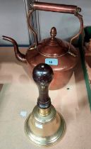 A 19th century copper kettle; a 19th century school bell