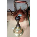 A 19th century copper kettle; a 19th century school bell