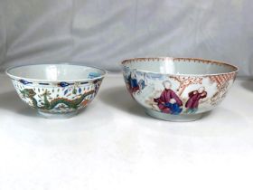 Two Chinese bowls, a bowl decorated with green and orange dragons to the outside and interior dragon