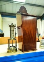 A Georgian mahogany candlebox; a miner's lamp (glass a.f.)