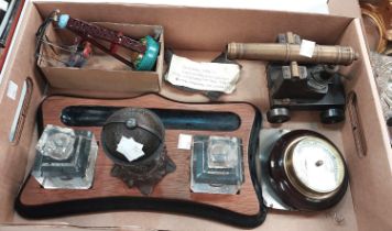 An inkstand with globe inkwell, a model brass cannon and other collectables