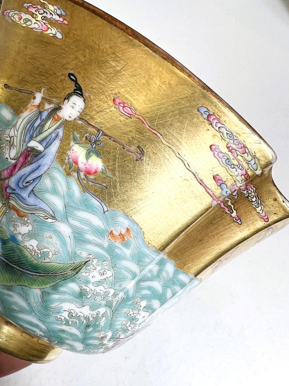 A Chinese shaped square bowl with polychrome enamel decoration of deities on islands and choppy - Image 8 of 11