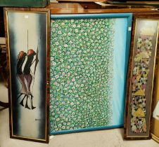 Three oil paintings by World artists, field of Daisies, Sunset and planting, two African silks and a