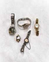 A vintage marcasite set lady's cocktail watch; 4 other ladies watches various styles, one without