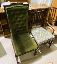 An Edwardian mahogany 'L' shaped nursing chair with green button back fabric and another mahogany