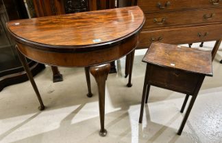 A 1930's workbox/occasional table; a mahogany demi-lune hall table; a reproduction wine table; a