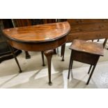 A 1930's workbox/occasional table; a mahogany demi-lune hall table; a reproduction wine table; a