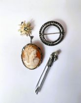 A cameo brooch showing classical head and shoulders, with safety chain in marcasite surround; a