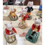 Five Royal Doulton Rupert figures, boxed:  Rupert's silver trumpet; Ping Pong leading the way;