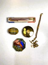 A Gwenda Top Flap compact with Kingfisher enamel top; a gilt compact; a Tiger's Eye pill box; a gilt