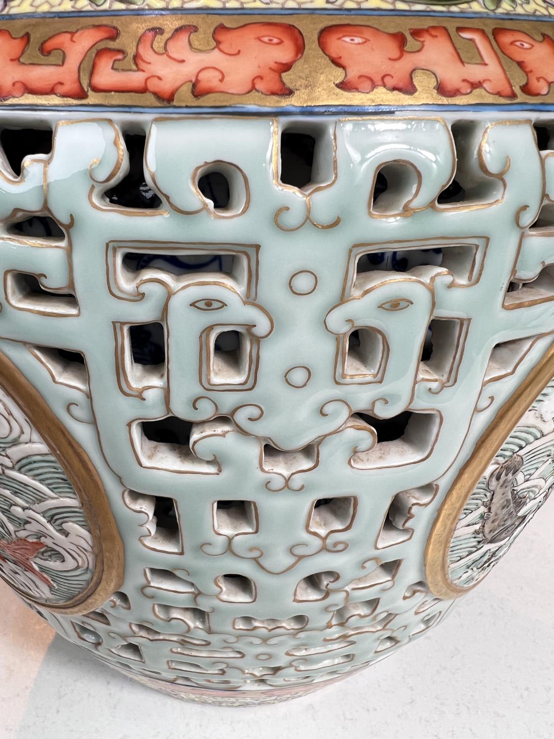 A large and impressive Chinese vase with pale blue rearticulated body with decorated inner body, - Image 9 of 9