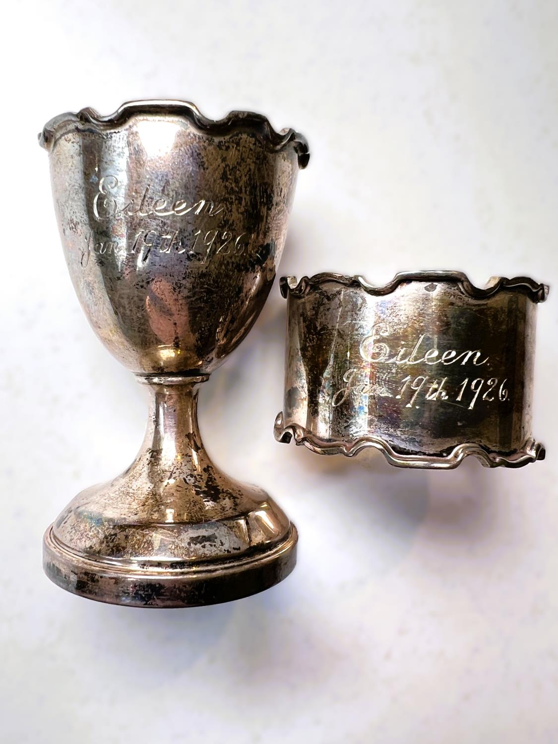 A hallmarked silver originally boxed 3 piece christening set comprising egg cup, teaspoon and napkin - Image 6 of 6