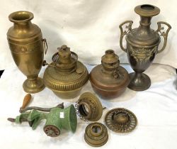 Two brass reservoirs for Victorian oil lamps; a pair of brass vases; a vintage mincing machine