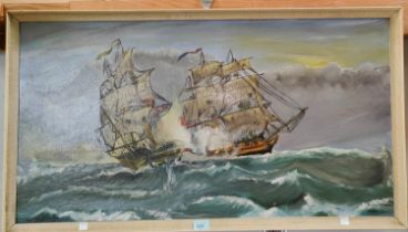 An oil painting depicting fighting galleons; two oil on board mountain scenes, framed and glazed