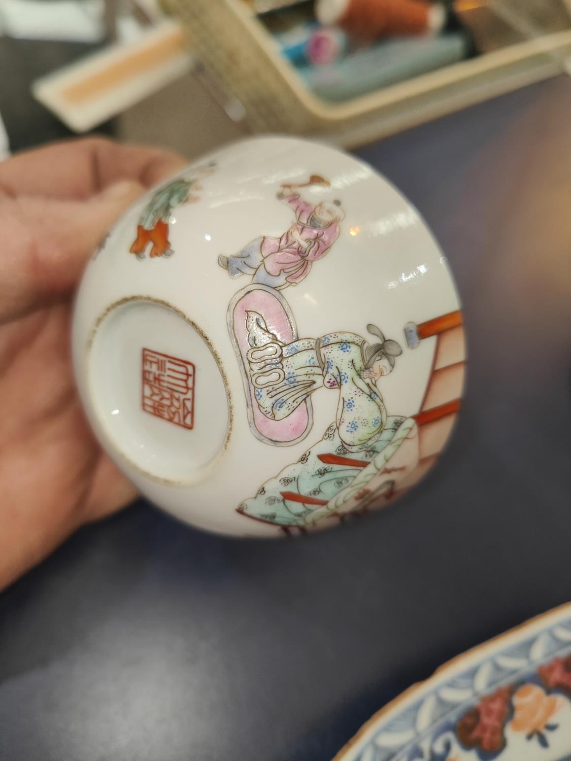 A pair of Chinese shallow tea bowls decorated with polychrome figure at altar, seal mark to base, - Image 4 of 9