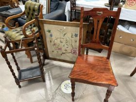 A 1930's oak barley twist stick stand with 2 divisions; a needlework firescreen; a mahogany hall