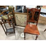 A 1930's oak barley twist stick stand with 2 divisions; a needlework firescreen; a mahogany hall