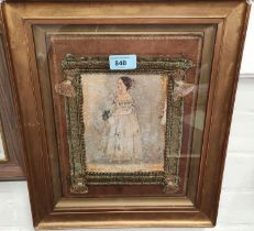 A Victorian watercolour portrait of a bride, dated May 20th 1854, with cushion surround, in guilt