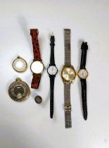 4 various wrist watches, including a gents Lorus & Omega + Two decorative fob watches.