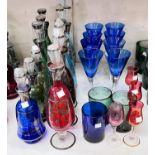 Eight conical blue wine glasses, other coloured glasses and 12 Venetian decanters, Pauly & C