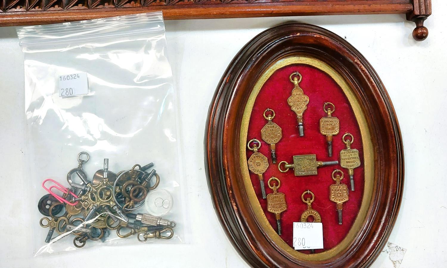 A late Victorian chip covered frame containing 4 photos and a collection of 9 watch keys framed - Image 2 of 3