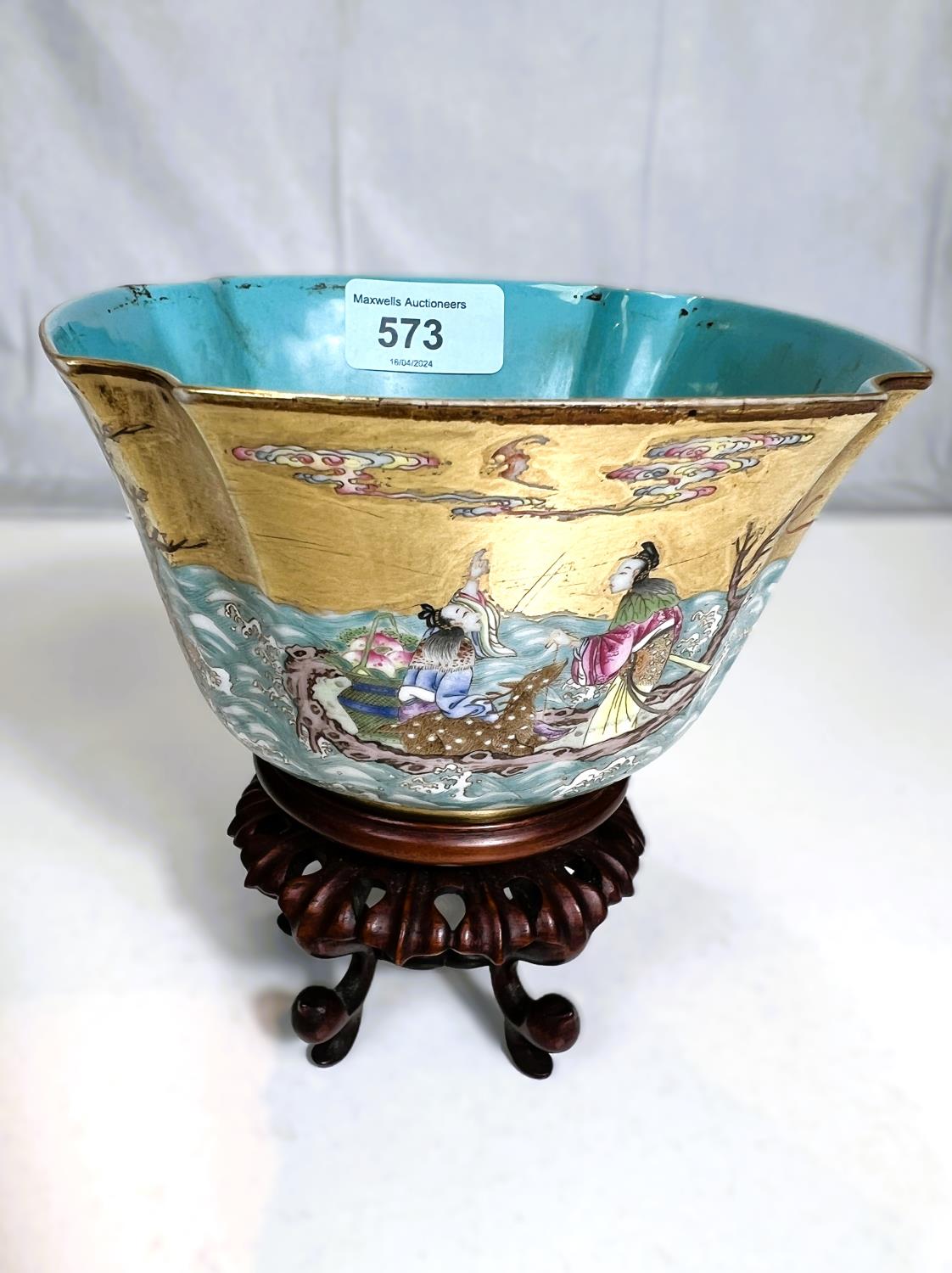 A Chinese shaped square bowl with polychrome enamel decoration of deities on islands and choppy - Image 4 of 11