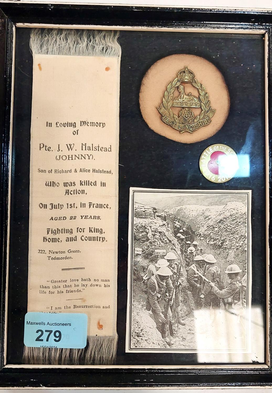 WWI Memorial silk to Pte J. W. (Johnny) HALSTEAD, KIA, July 1st, (1916) framed with badges, - Image 2 of 3