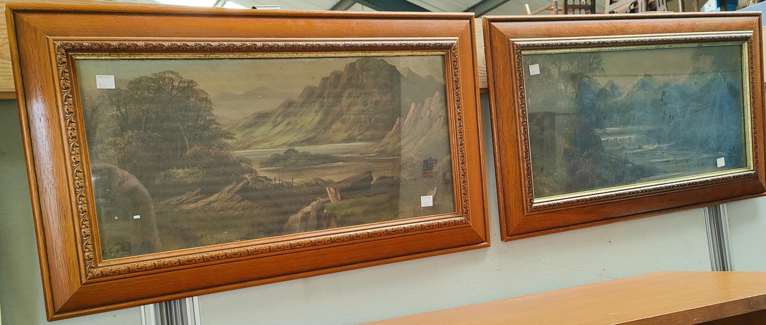 An oil painting depicting fighting galleons; two oil on board mountain scenes, framed and glazed - Image 2 of 2