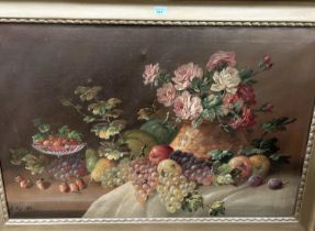 H VOIGT, oil on canvas, an expansive still life with fruit and flowers, signed and dated 1902, 67