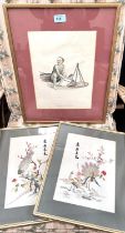 A late 18th/19th century print of Chinese man cutting a fish, two Chinese silk embroideries framed